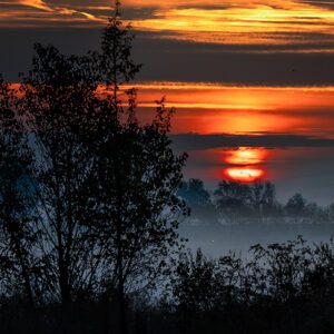 Jesensko svitanje, rano jutro i izlazak Sunca uz malo magle